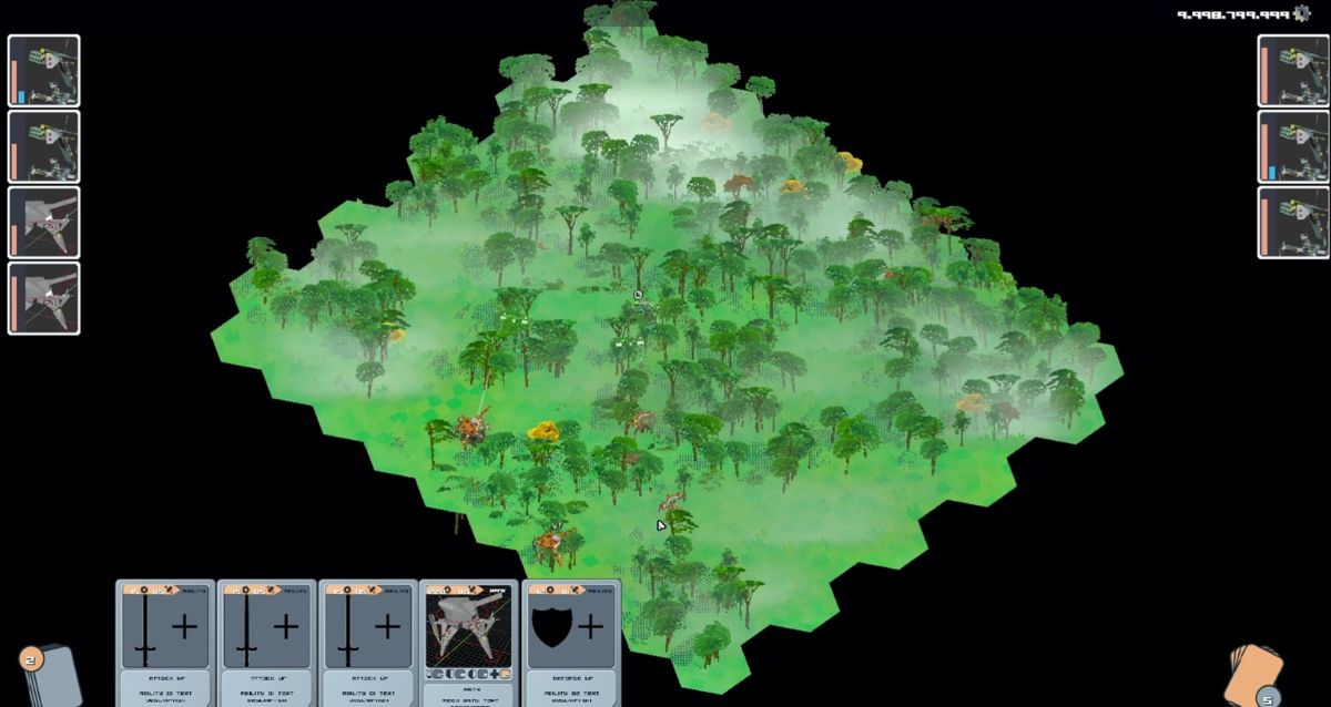 video game battle map of mechs in a forest
